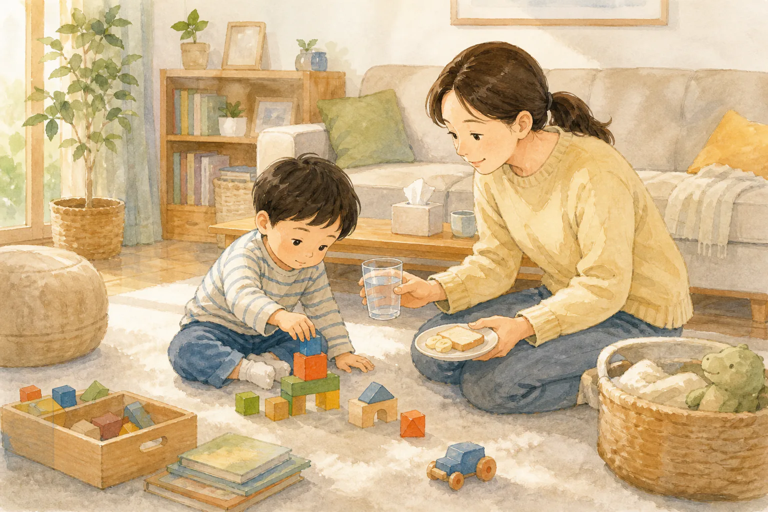 거실 바닥에서 아이가 블록을 쌓는 동안 보호자가 물컵과 작은 식사 접시를 건네며 아이의 움직임과 반응을 살펴요.