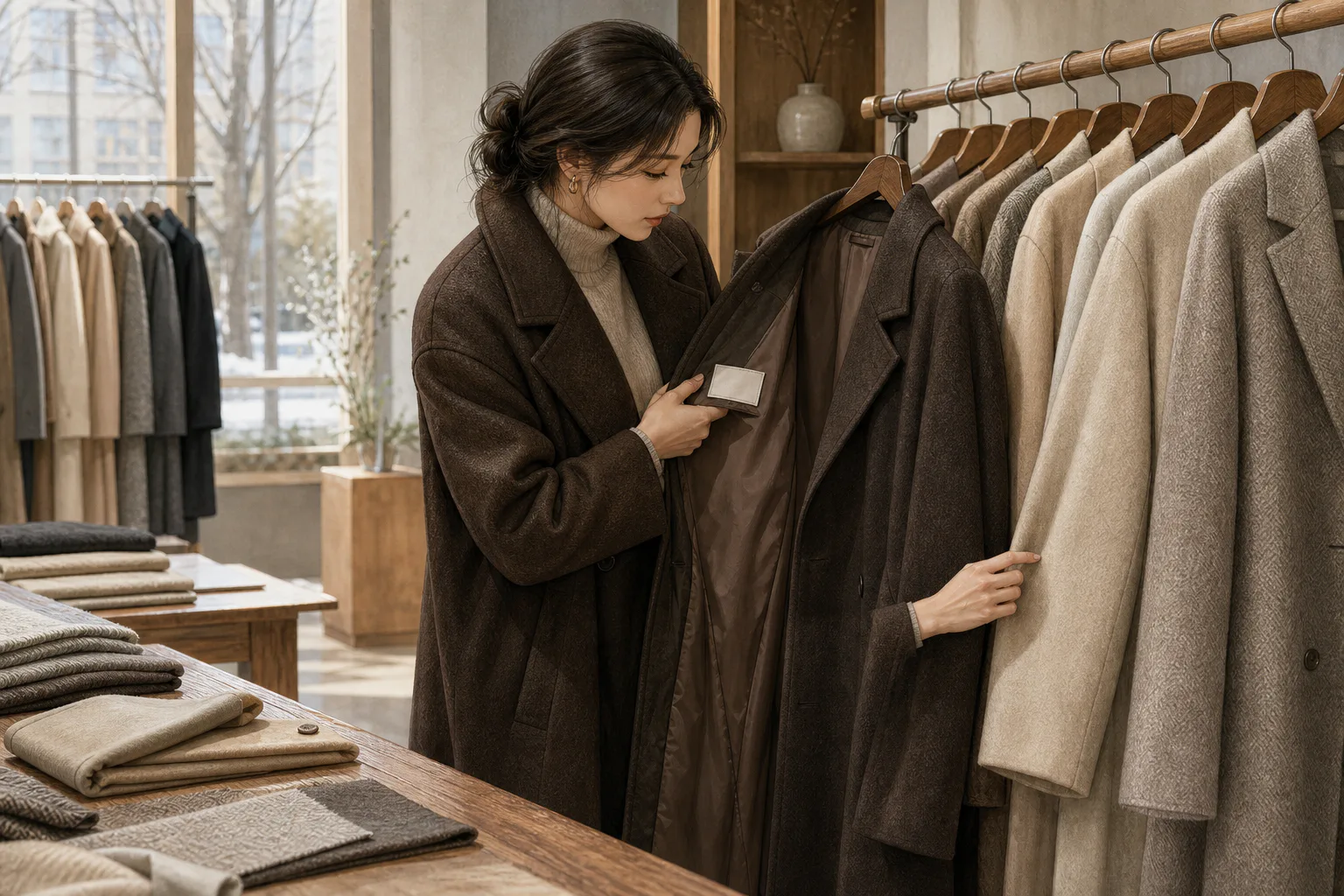 겨울 의류 매장에서 브라운 코트를 입은 여성이 한 코트의 안쪽 라벨을 살펴보며 옆에 걸린 베이지 코트의 원단 두께를 손으로 비교하고 있어요.