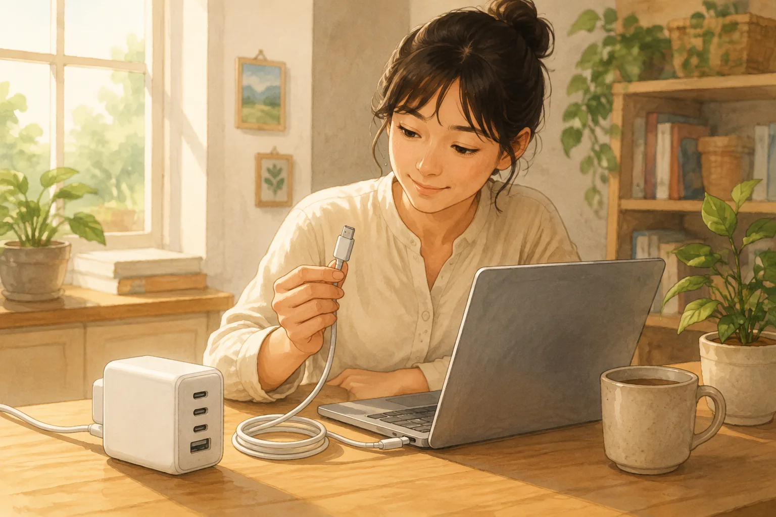 집 안 책상에서 노트북을 충전하던 사람이 여러 포트가 달린 충전기 옆에서 USB-C 케이블의 커넥터를 살펴보고 있어요.