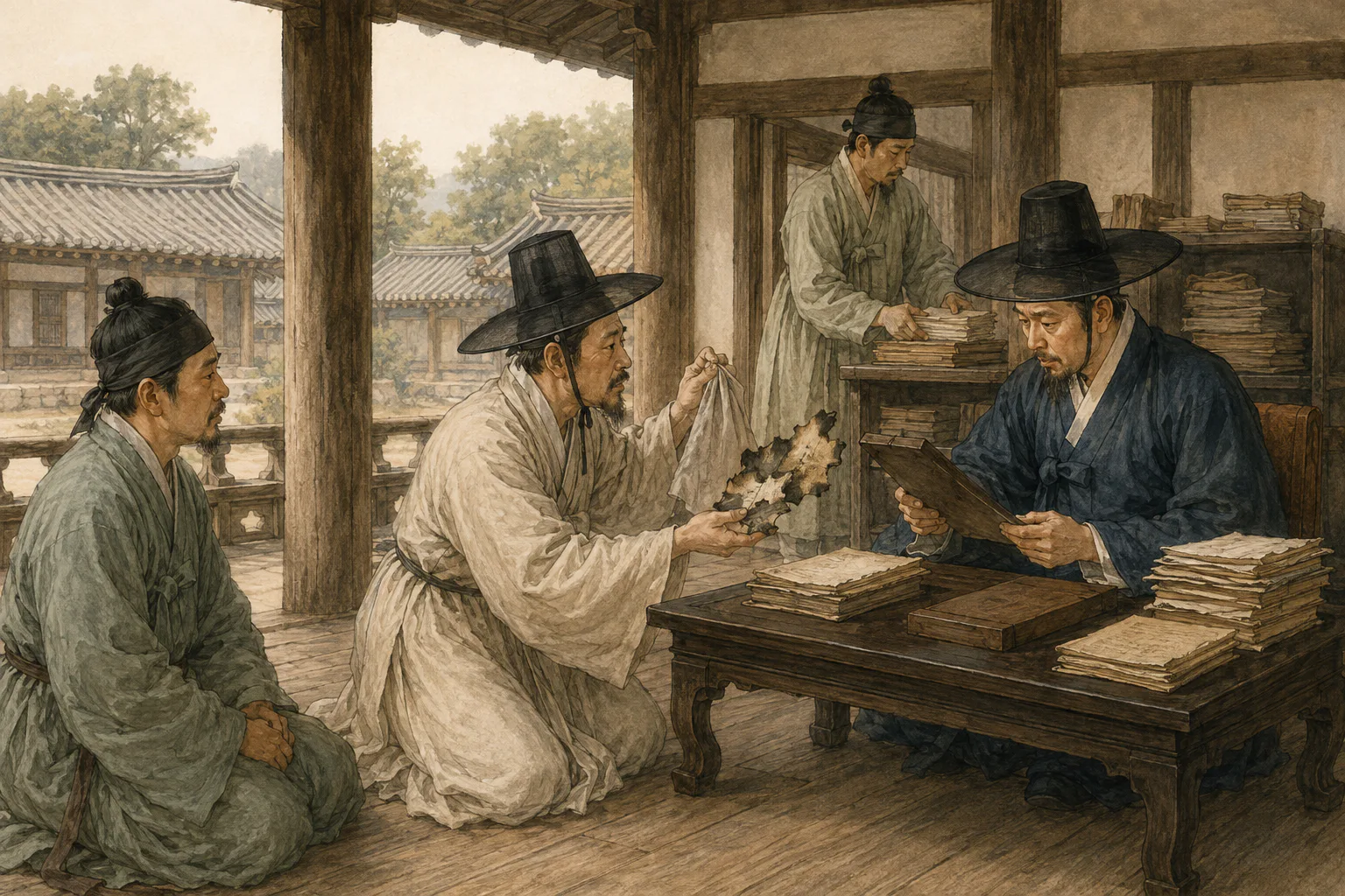 조선시대 관아 대청에서 선비가 관원에게 불에 그을린 종이 조각과 빈 문서 보자기를 내보이고, 곁의 증인과 서리가 문서 확인을 기다리고 있어요.