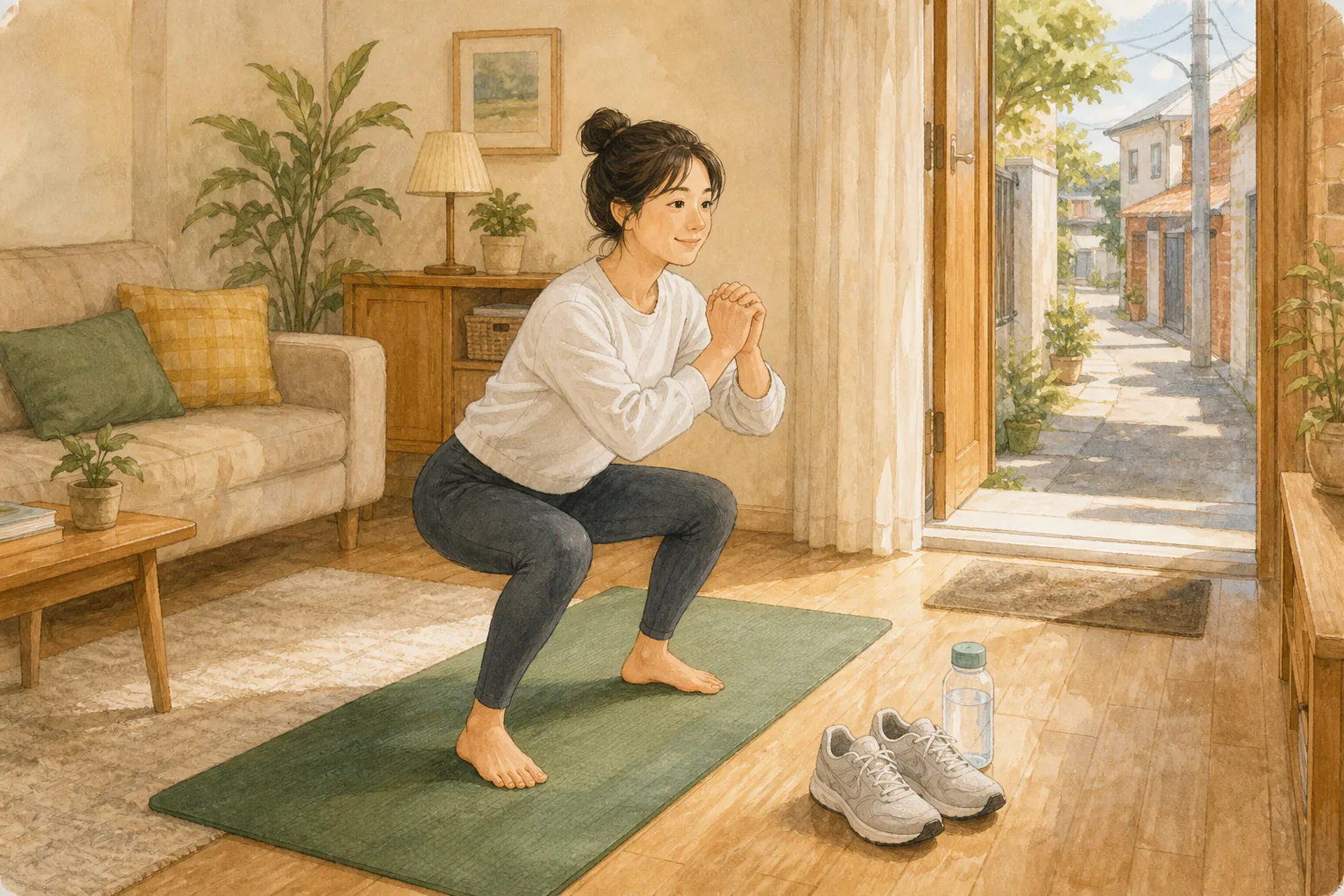 거실 운동 매트에서 성인이 스쿼트를 하고 있으며 옆에는 산책용 운동화와 물병이 놓여 있다.