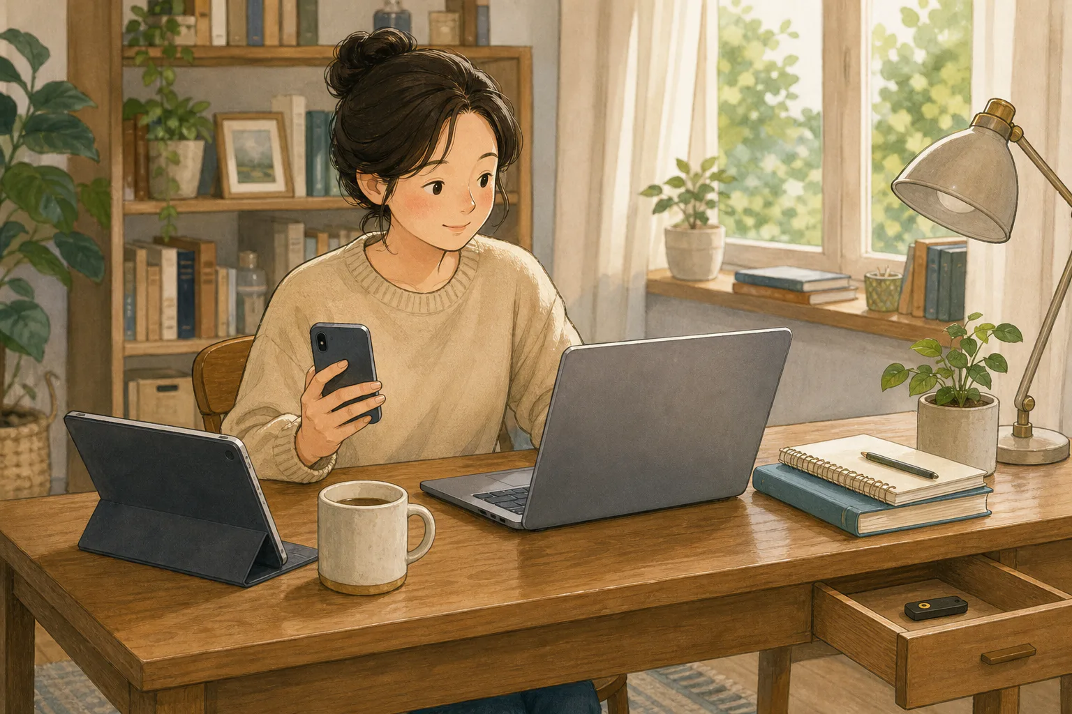 집 서재 책상에서 한 사람이 스마트폰과 노트북을 번갈아 확인하고 있으며 옆 서랍에는 작은 물리 보안키가 보인다.