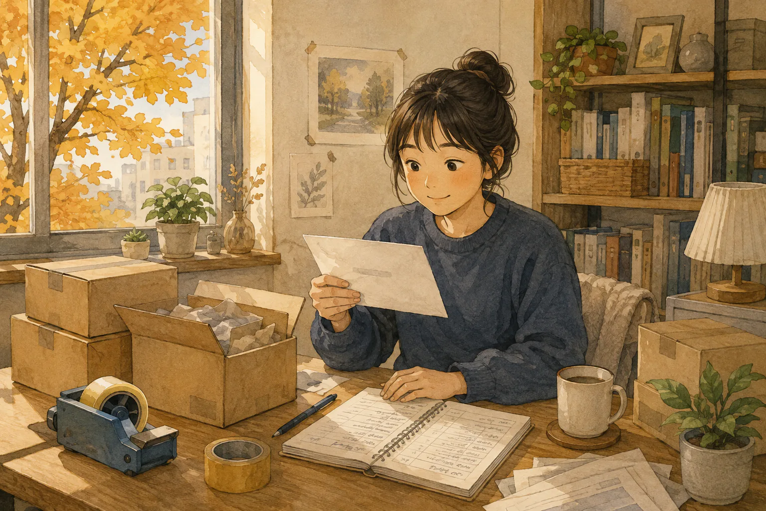 늦가을 집 안 책상에서 직장인이 부업용 택배 상자와 장부 옆에 놓인 건강보험 우편물을 살펴보고 있다.