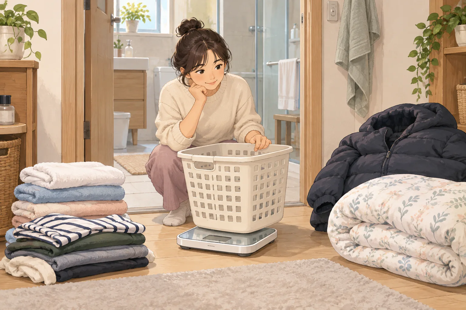 욕실 입구에서 한 사람이 체중계에 빨래 바구니를 올리고 옆의 마른 수건과 옷, 패딩, 접힌 이불을 살펴보는 모습이에요.