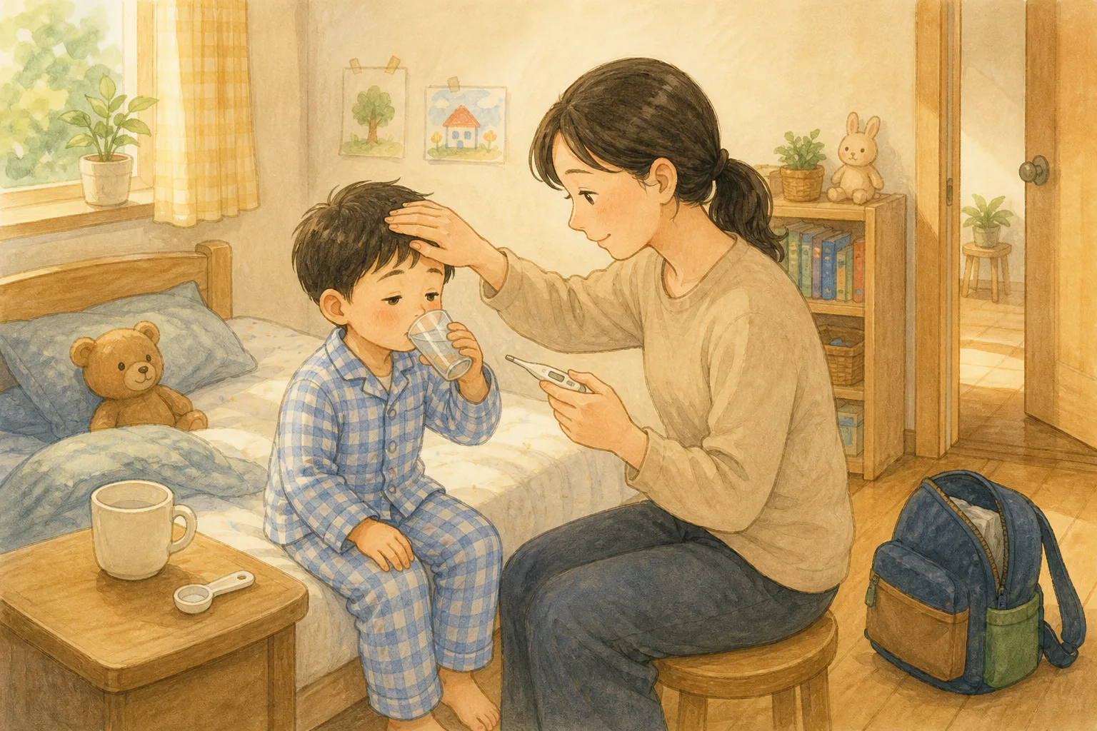 아침 햇살이 비치는 아이 방에서 보호자가 물을 마시는 아이의 이마를 살피며 체온계를 확인하고, 문가에는 어린이집 가방이 놓여 있어요.