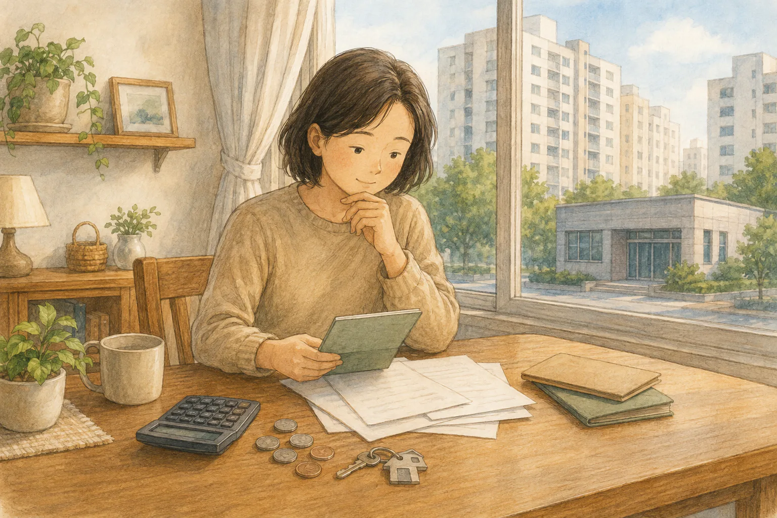 아파트 식탁에 앉은 사람이 통장과 대출 서류, 계산기, 동전, 집 열쇠를 펼쳐 놓고 자신의 재정 상태를 살펴보고 있다.