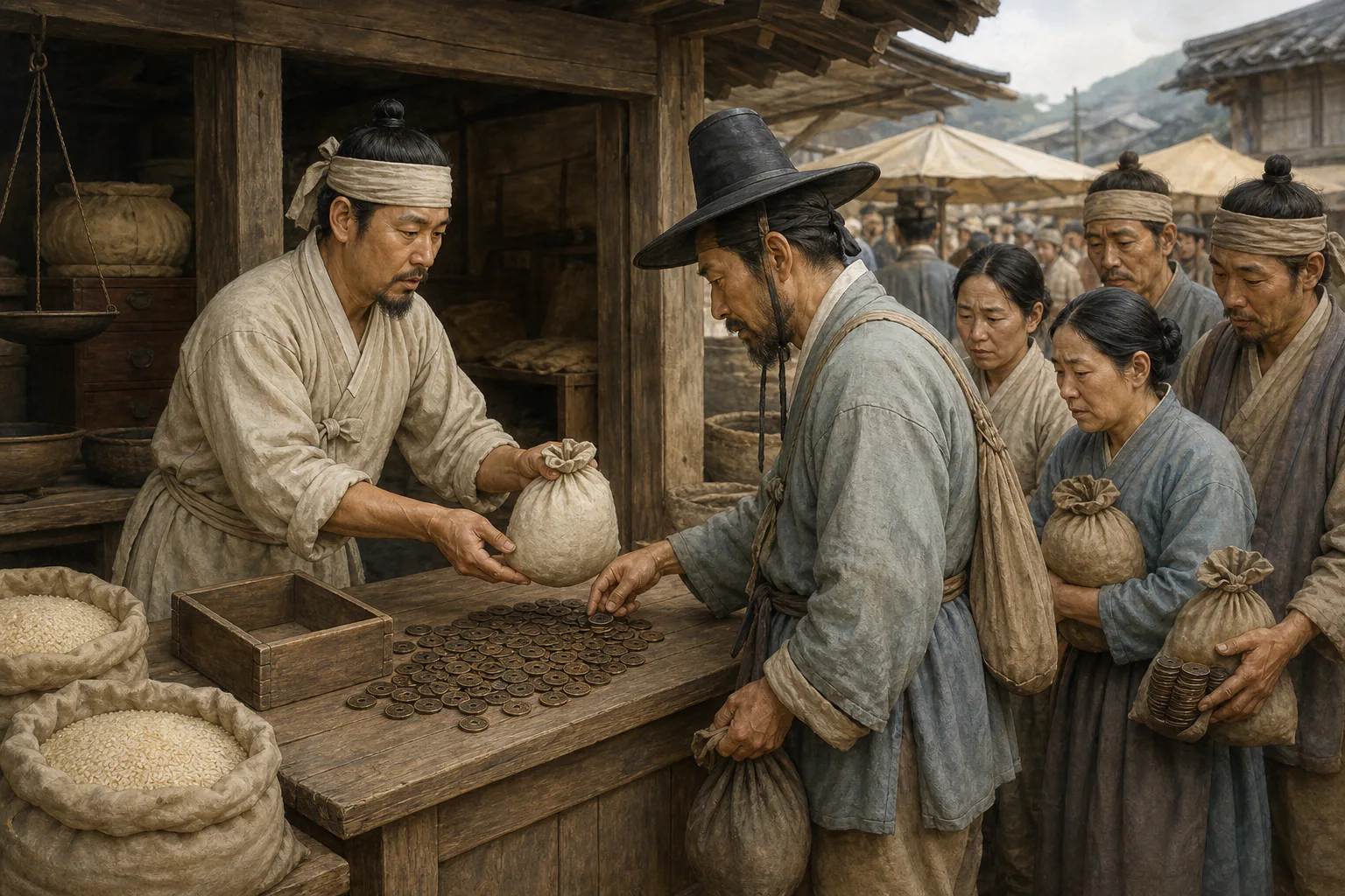 1860년대 조선의 쌀가게에서 손님이 좌판에 많은 동전을 내놓고 상인에게 작은 쌀자루를 받으며 주변 백성들이 근심스러운 표정으로 기다리고 있다.