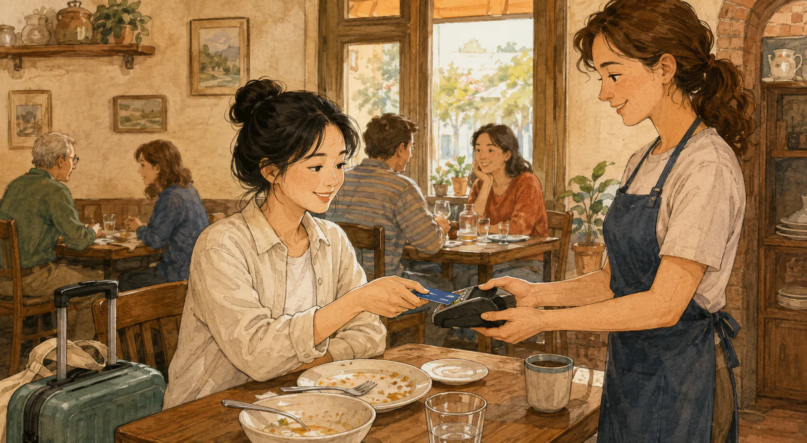 해외의 작은 식당에서 여행가방을 곁에 둔 한국인 여행객이 직원이 내민 단말기에 카드를 대고 있다.