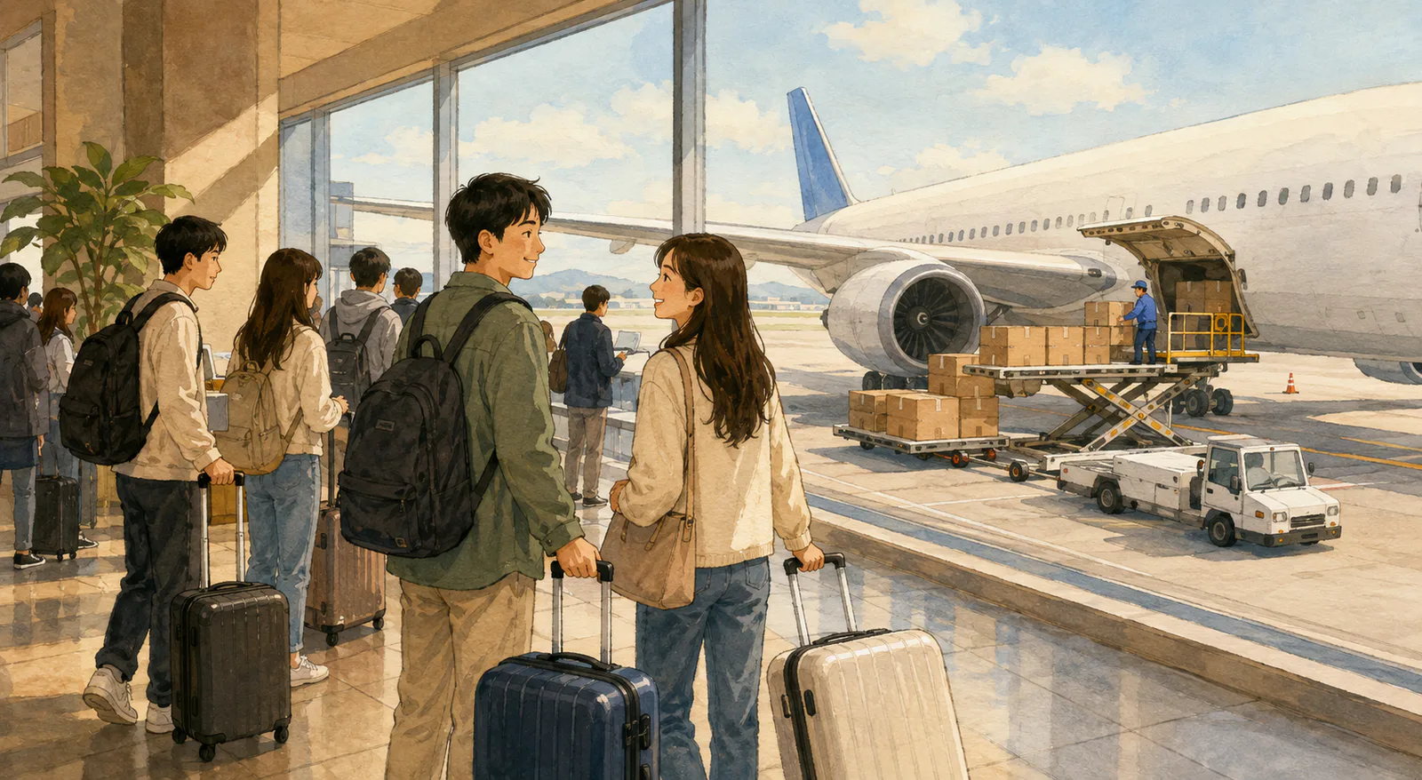 국제공항 출국장에서 여행객들이 여행가방을 끌고 이동하고 창밖 활주로에서는 운송 차량이 여객기 화물칸에 상자를 싣고 있다.